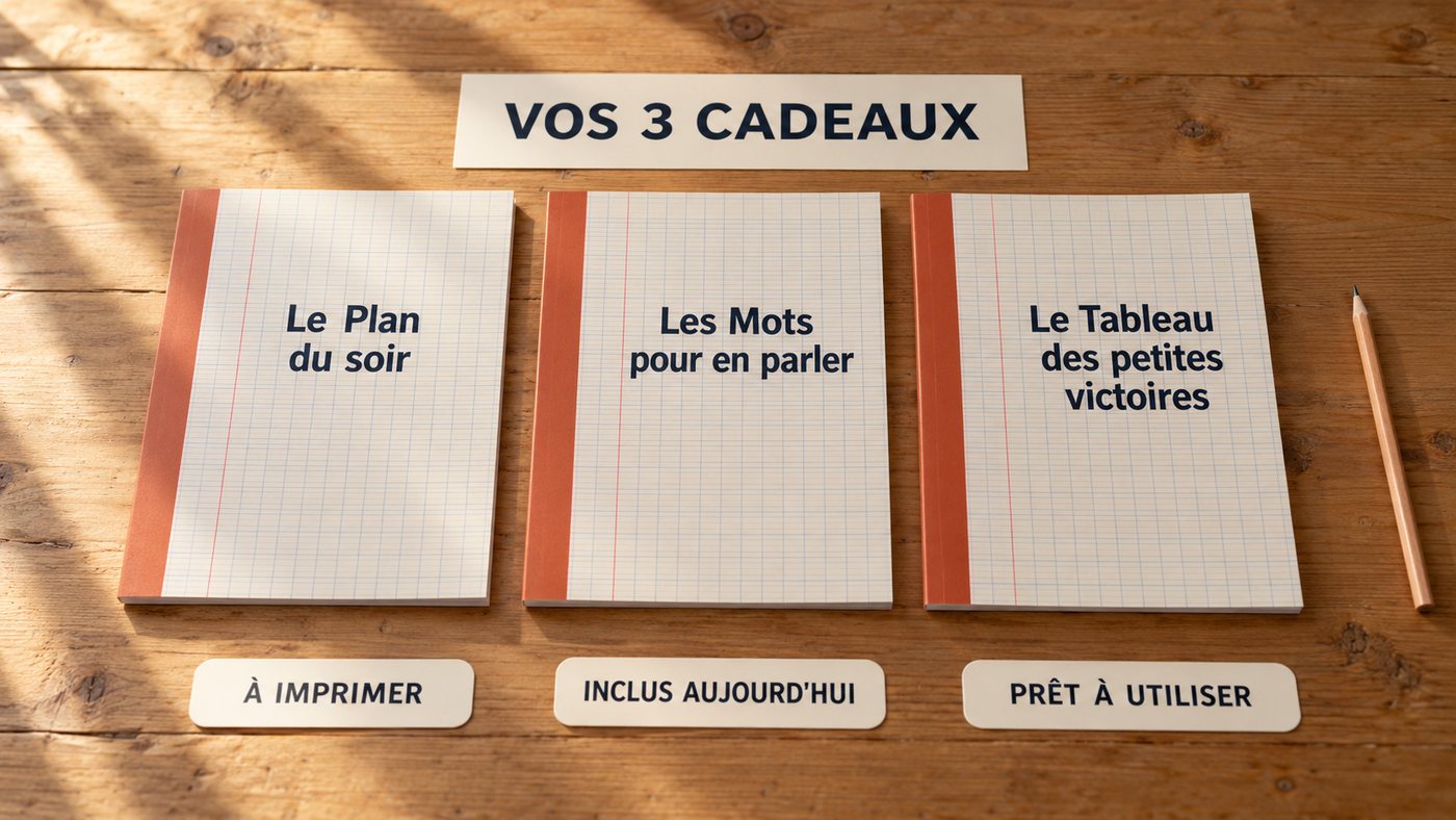 Les 3 cadeaux : Le Plan du soir, Les Mots pour en parler, Le Tableau des petites victoires
