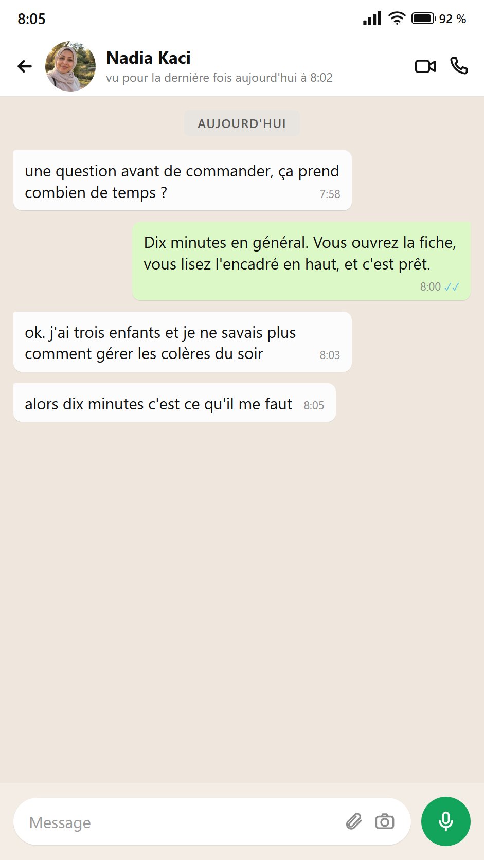 Une maman demande combien de temps prend une fiche