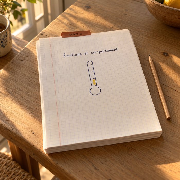 L'espace 2, Émotions et comportement : une pile de fiches avec un onglet terre cuite et un thermomètre dessiné