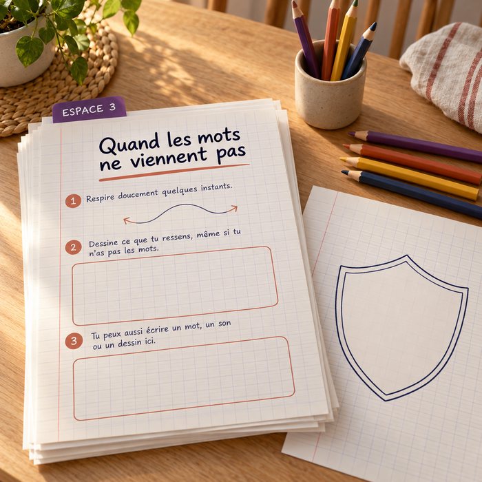 L'espace 3, Quand les mots ne viennent pas : fiches avec onglet violet et crayons de couleur