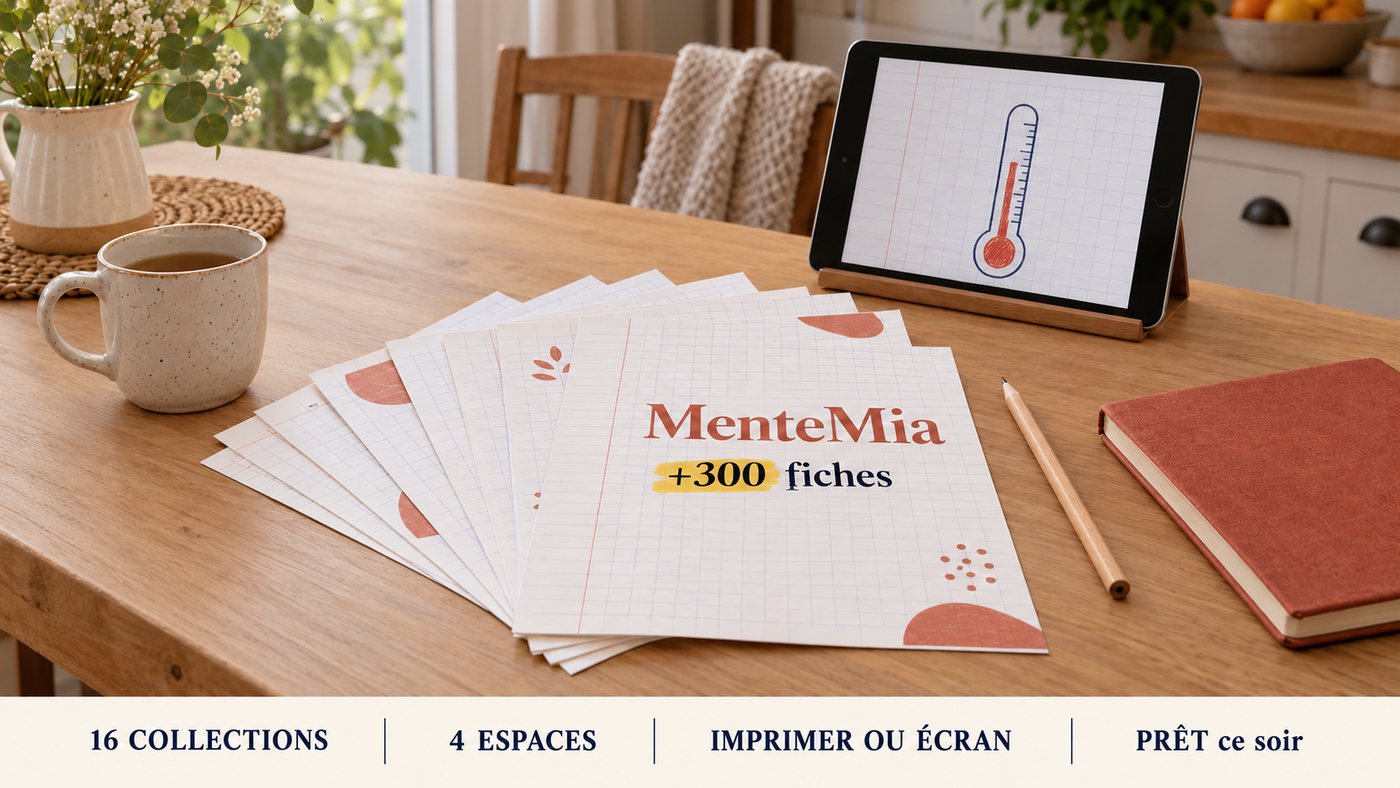 Le kit MenteMia sur une table de cuisine : un éventail de fiches imprimées, une tablette avec une fiche, un crayon et une tasse
