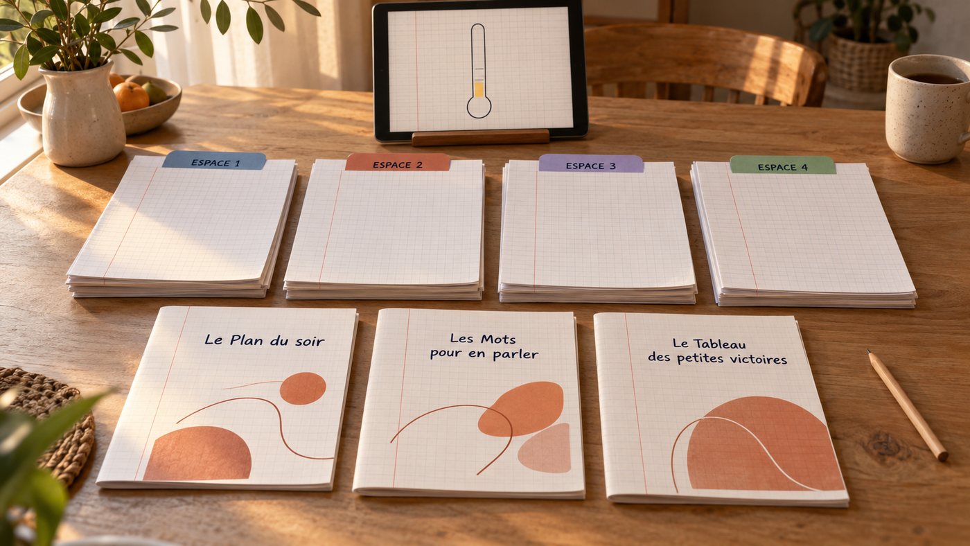 Le kit complet : quatre piles de fiches avec onglets, les trois cadeaux et une tablette